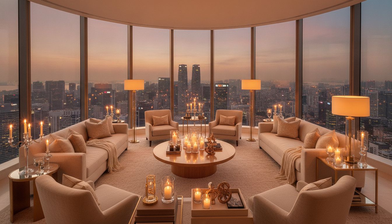 Luxurious Singapore penthouse interior at golden hour with city skyline views